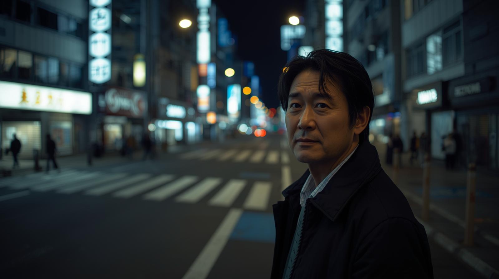 40代男性が東京の街で出会いに疲れた瞬間を振り返っているイメージ