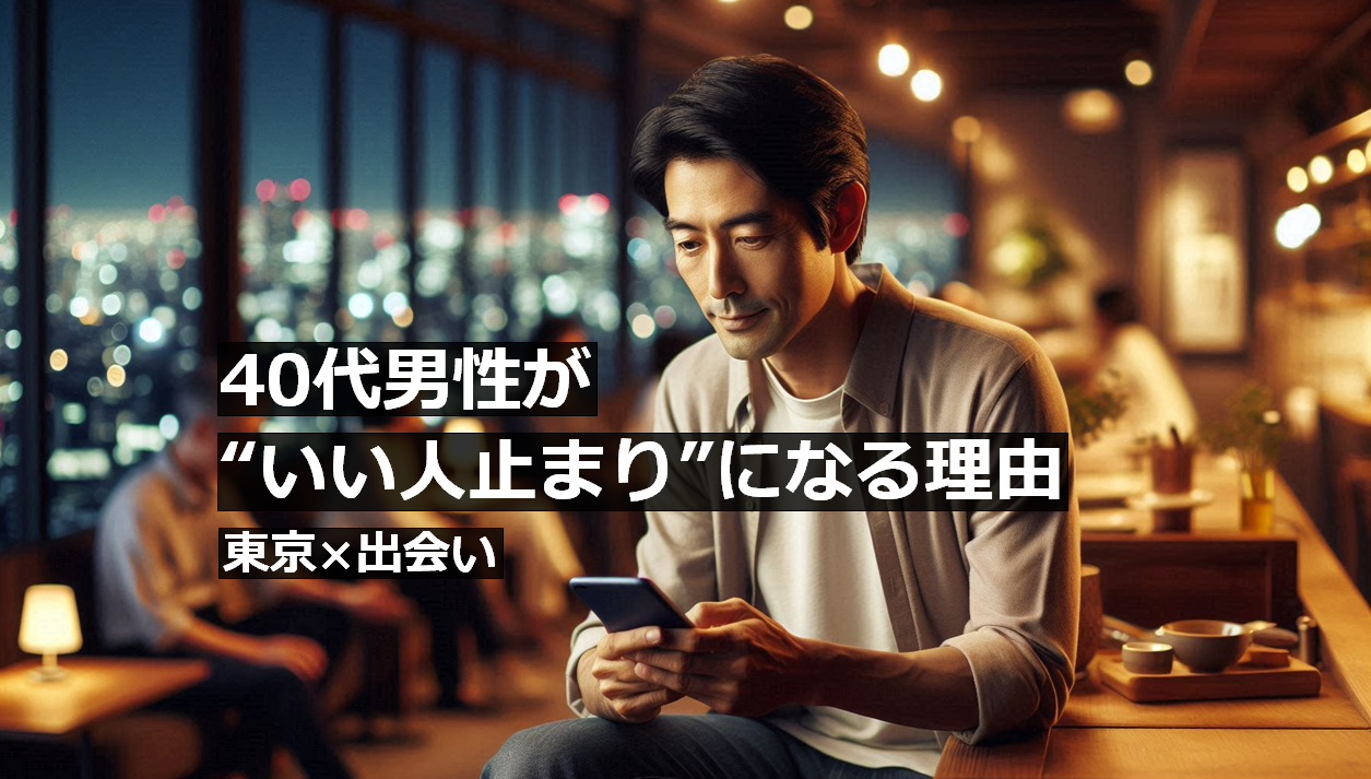 40代男性が東京のカフェで出会い系のやり取りに悩んでいる様子