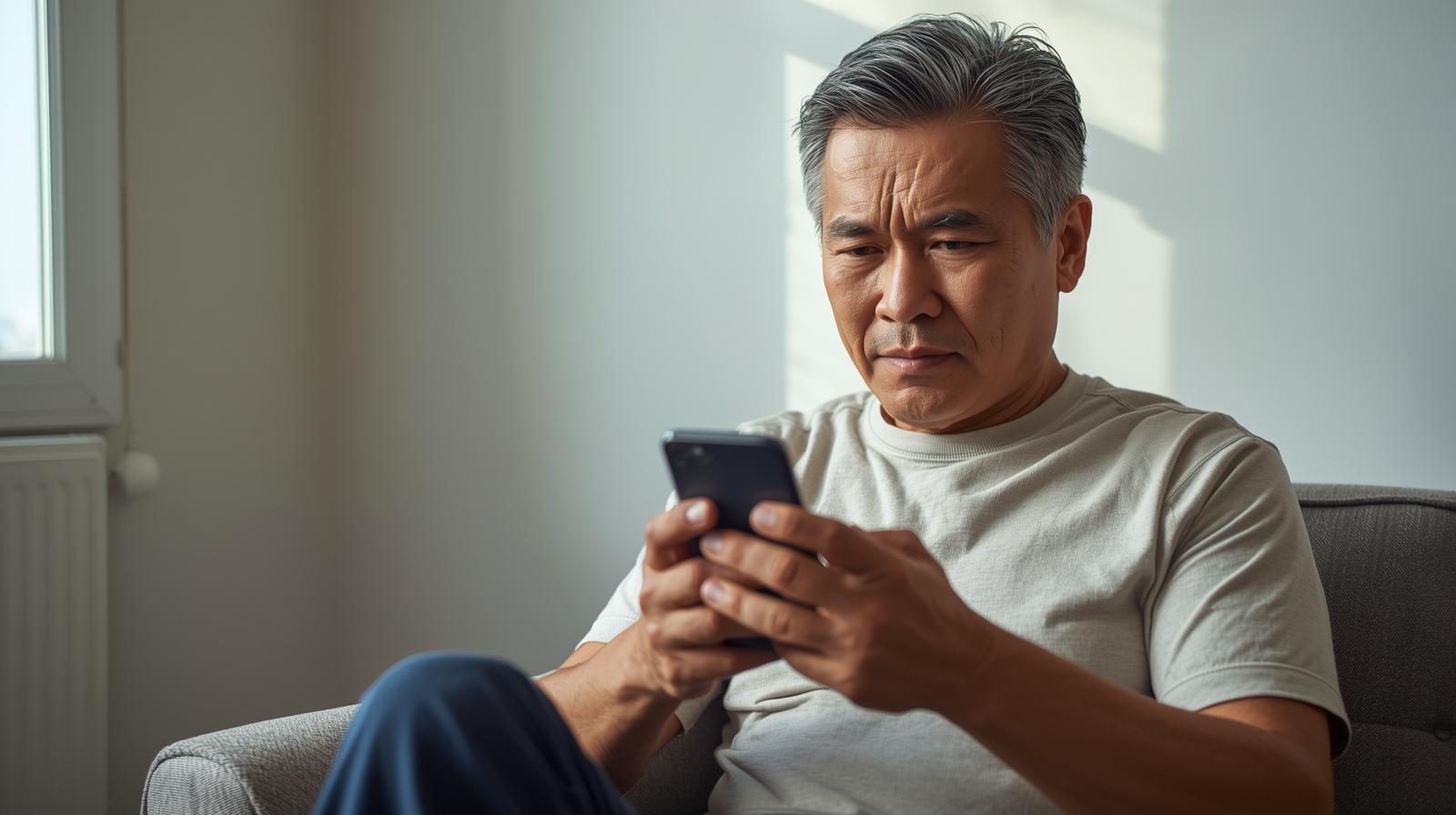 40代男性が東京で出会い系の課金タイミングを冷静に考えている様子