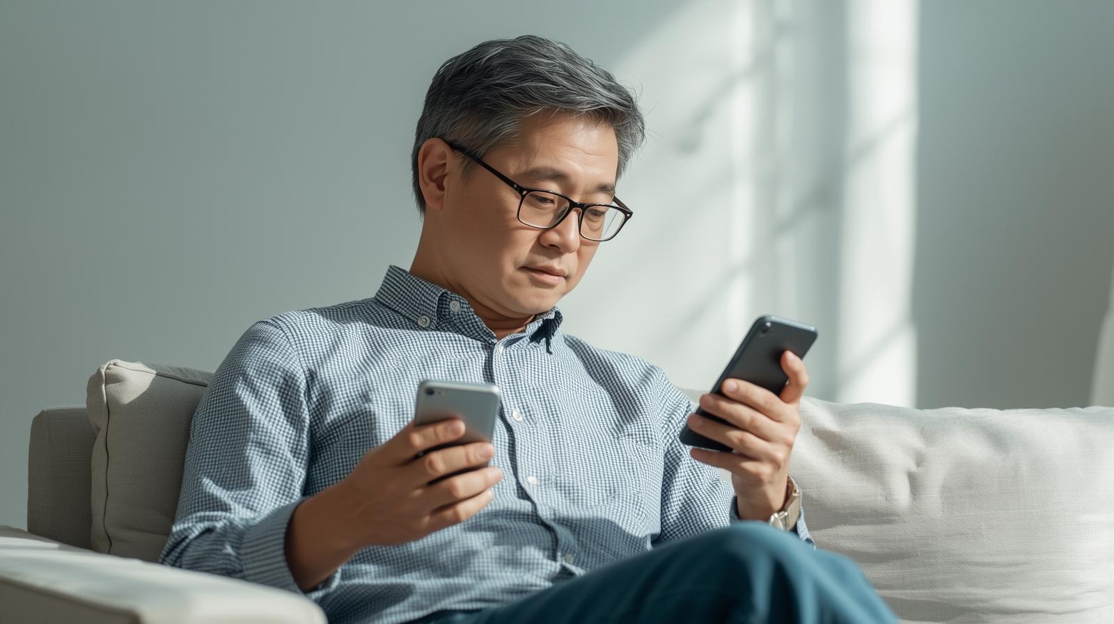 40代男性が東京で複数の出会い系アプリを冷静に使い分けている様子